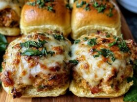 Cheesy chicken sliders on Hawaiian rolls, shredded chicken and melted cheese between soft golden buns brushed with garlic butter and sprinkled with sesame and herbs, pulled apart to show the cheesy filling