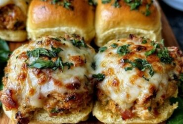 Cheesy chicken sliders on Hawaiian rolls, shredded chicken and melted cheese between soft golden buns brushed with garlic butter and sprinkled with sesame and herbs, pulled apart to show the cheesy filling