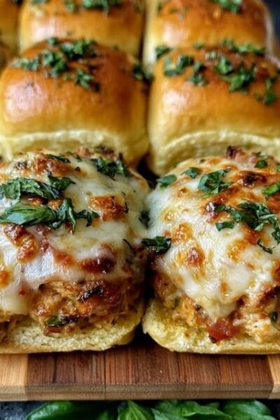 Cheesy chicken sliders on Hawaiian rolls, shredded chicken and melted cheese between soft golden buns brushed with garlic butter and sprinkled with sesame and herbs, pulled apart to show the cheesy filling