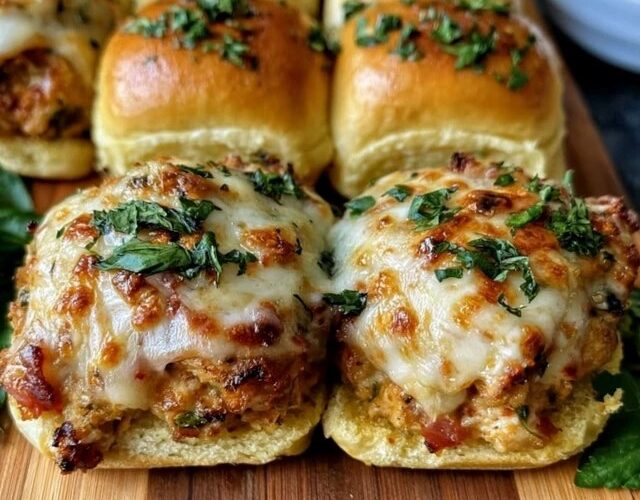 Cheesy chicken sliders on Hawaiian rolls, shredded chicken and melted cheese between soft golden buns brushed with garlic butter and sprinkled with sesame and herbs, pulled apart to show the cheesy filling
