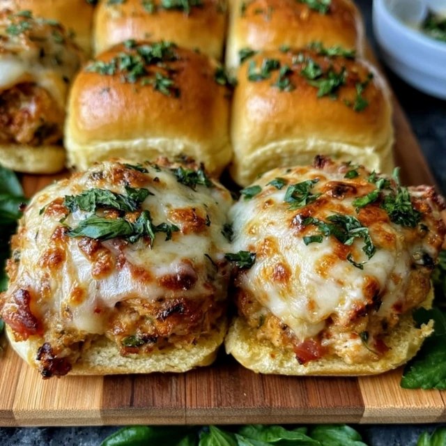 Cheesy chicken sliders on Hawaiian rolls, shredded chicken and melted cheese between soft golden buns brushed with garlic butter and sprinkled with sesame and herbs, pulled apart to show the cheesy filling