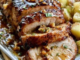 Honey garlic pork tenderloin sliced on a board, juicy pink-centered medallions glazed in a glossy honey garlic sauce, garnished with parsley and sesame seeds