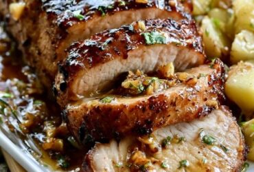 Honey garlic pork tenderloin sliced on a board, juicy pink-centered medallions glazed in a glossy honey garlic sauce, garnished with parsley and sesame seeds