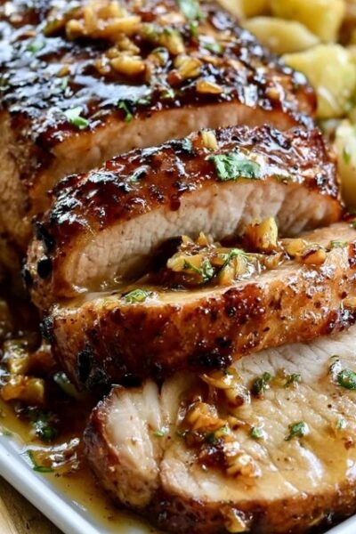 Honey garlic pork tenderloin sliced on a board, juicy pink-centered medallions glazed in a glossy honey garlic sauce, garnished with parsley and sesame seeds
