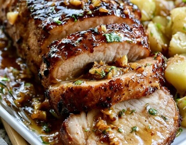 Honey garlic pork tenderloin sliced on a board, juicy pink-centered medallions glazed in a glossy honey garlic sauce, garnished with parsley and sesame seeds