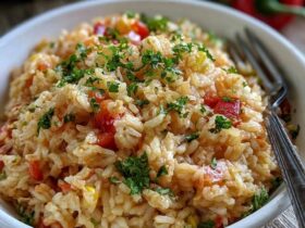 Vegetable fried rice in a wok, fluffy rice with peas, carrots, corn, scrambled egg and green onion, glossy from soy sauce and sesame oil, garnished with sesame seeds