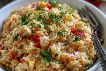 Vegetable fried rice in a wok, fluffy rice with peas, carrots, corn, scrambled egg and green onion, glossy from soy sauce and sesame oil, garnished with sesame seeds