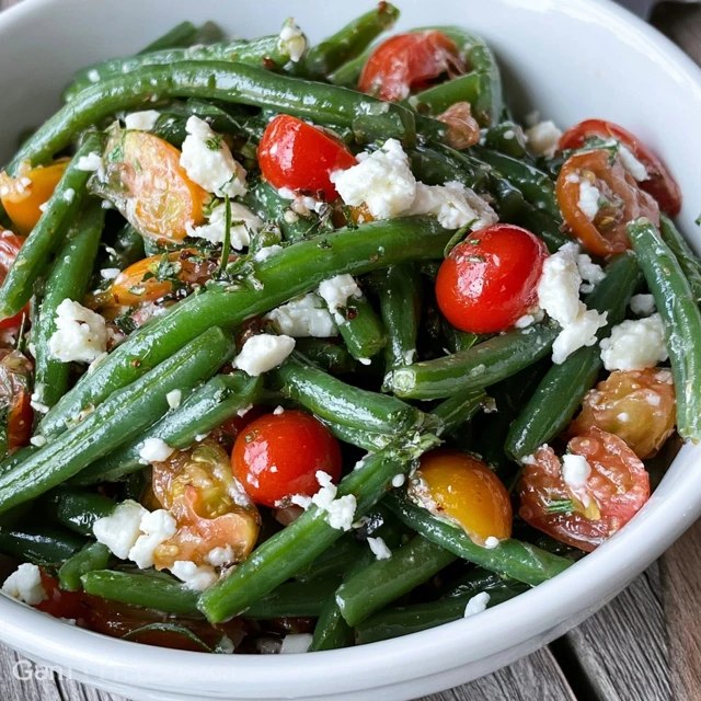 Green bean tomato salad on a platter, crisp-tender blanched green beans tossed with halved cherry tomatoes, crumbled feta, red onion and a lemon vinaigrette, fresh herbs on top
