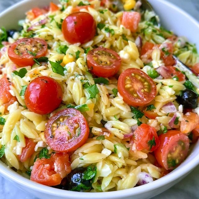 Orzo pasta salad in a bowl, tender orzo with cherry tomatoes, cucumber, red onion, kalamata olives, feta and fresh herbs in a lemon dressing