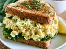 Egg salad sandwich on soft white bread cut in half, creamy chopped egg salad with chives spilling out, lettuce leaf, served with chips and a pickle