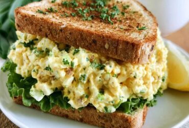 Egg salad sandwich on soft white bread cut in half, creamy chopped egg salad with chives spilling out, lettuce leaf, served with chips and a pickle