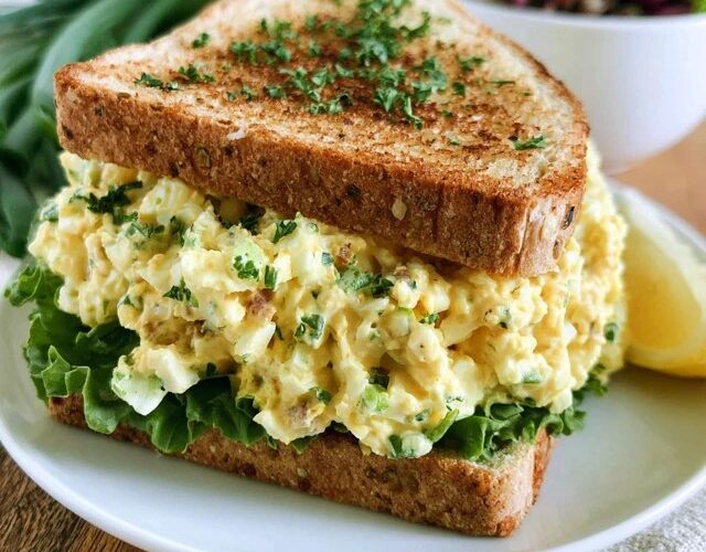 Egg salad sandwich on soft white bread cut in half, creamy chopped egg salad with chives spilling out, lettuce leaf, served with chips and a pickle
