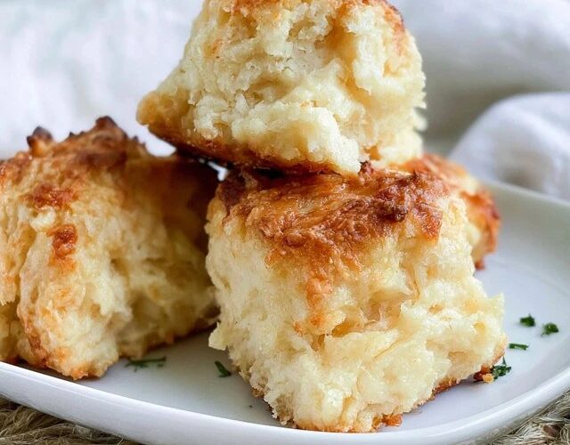 Cheddar bay biscuits piled on a plate, golden fluffy biscuits flecked with cheddar, brushed with garlic herb butter and sprinkled with parsley