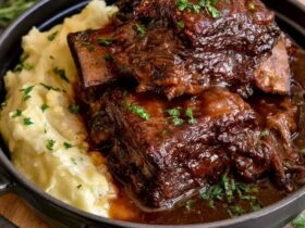 Braised short ribs over creamy mashed potatoes, deeply browned fall-apart beef in a glossy red wine gravy, garnished with thyme, on a rustic plate