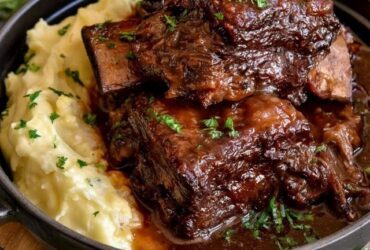 Braised short ribs over creamy mashed potatoes, deeply browned fall-apart beef in a glossy red wine gravy, garnished with thyme, on a rustic plate