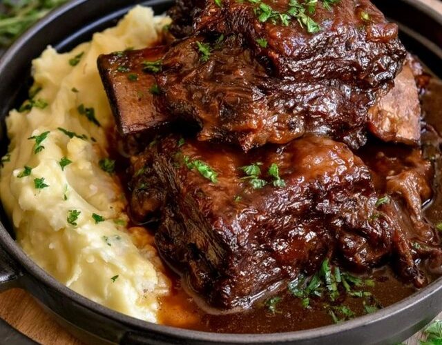 Braised short ribs over creamy mashed potatoes, deeply browned fall-apart beef in a glossy red wine gravy, garnished with thyme, on a rustic plate
