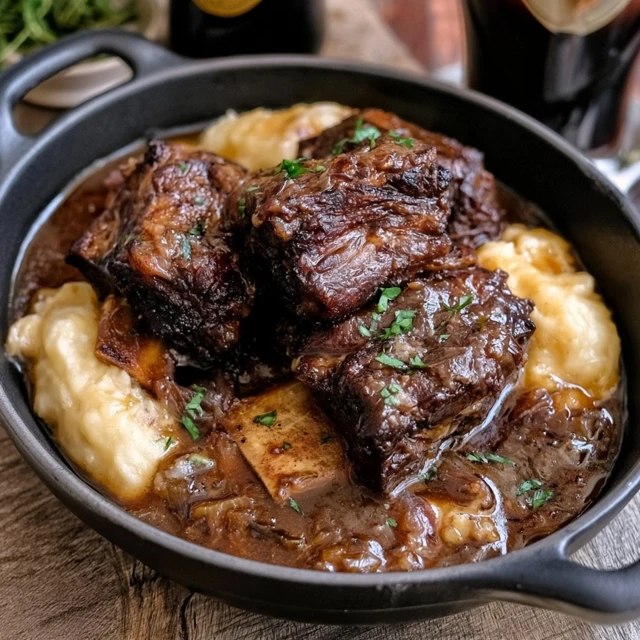 Close-up of a fork pulling apart tender braised short rib meat in rich dark gravy over buttery mashed potatoes