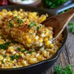 Creamed corn casserole in a baking dish, golden custardy corn pudding with a lightly browned top, a scoop taken out showing the soft moist interior studded with corn kernels