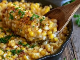 Creamed corn casserole in a baking dish, golden custardy corn pudding with a lightly browned top, a scoop taken out showing the soft moist interior studded with corn kernels
