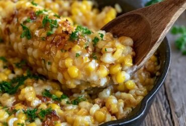 Creamed corn casserole in a baking dish, golden custardy corn pudding with a lightly browned top, a scoop taken out showing the soft moist interior studded with corn kernels