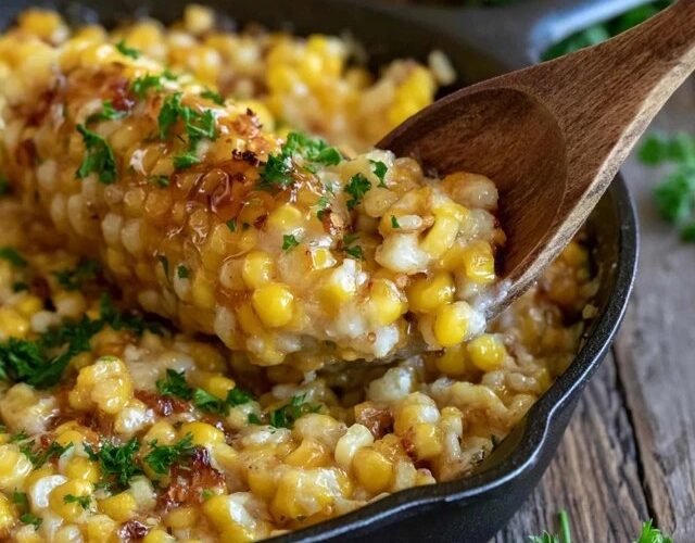 Creamed corn casserole in a baking dish, golden custardy corn pudding with a lightly browned top, a scoop taken out showing the soft moist interior studded with corn kernels