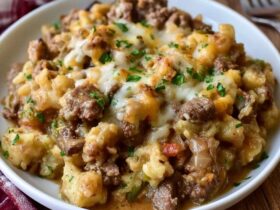 Cheesy beef tater tot casserole in a baking dish, crispy golden tater tots over a layer of cheesy ground beef, melted cheese bubbling between the tots, parsley on top