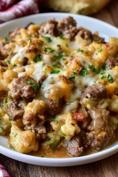 Cheesy beef tater tot casserole in a baking dish, crispy golden tater tots over a layer of cheesy ground beef, melted cheese bubbling between the tots, parsley on top