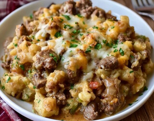 Cheesy beef tater tot casserole in a baking dish, crispy golden tater tots over a layer of cheesy ground beef, melted cheese bubbling between the tots, parsley on top