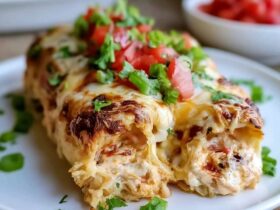 Cheesy chicken enchiladas in a baking dish, rolled tortillas smothered in red enchilada sauce and melted cheese, topped with cilantro, jalapeño and a dollop of sour cream