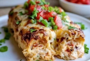 Cheesy chicken enchiladas in a baking dish, rolled tortillas smothered in red enchilada sauce and melted cheese, topped with cilantro, jalapeño and a dollop of sour cream
