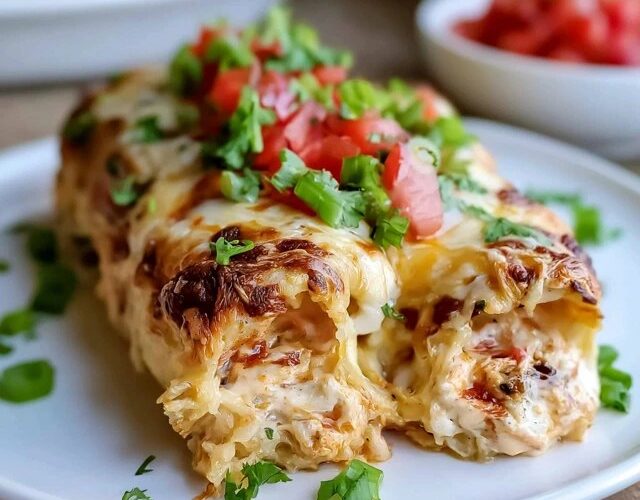 Cheesy chicken enchiladas in a baking dish, rolled tortillas smothered in red enchilada sauce and melted cheese, topped with cilantro, jalapeño and a dollop of sour cream