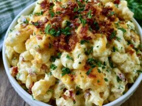 Cheesy bacon ranch pasta salad in a big bowl, rotini coated in creamy ranch dressing with crispy bacon bits, cubed cheddar, cherry tomatoes and chopped green onion on top