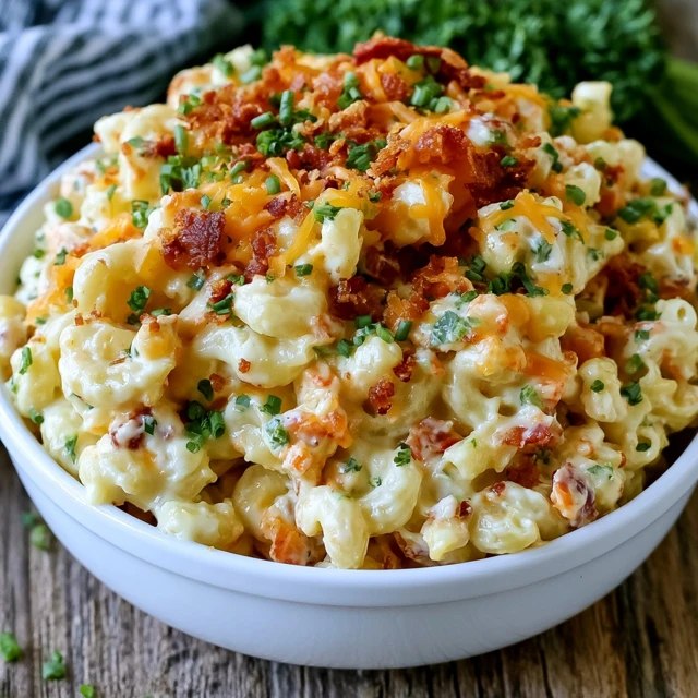 Close-up of creamy ranch pasta salad showing spiral pasta, melty cheddar cubes, crumbled bacon and flecks of green onion