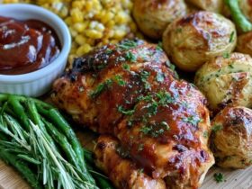Barbecue chicken dinner platter, glossy BBQ-glazed grilled chicken pieces with charred edges served with corn on the cob, baked beans and coleslaw on a wooden board