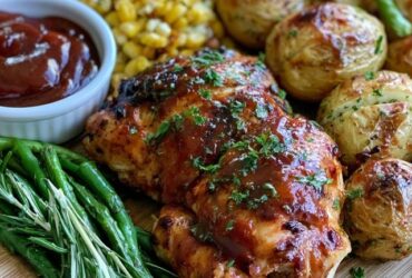 Barbecue chicken dinner platter, glossy BBQ-glazed grilled chicken pieces with charred edges served with corn on the cob, baked beans and coleslaw on a wooden board