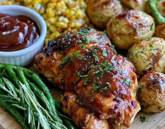 Barbecue chicken dinner platter, glossy BBQ-glazed grilled chicken pieces with charred edges served with corn on the cob, baked beans and coleslaw on a wooden board