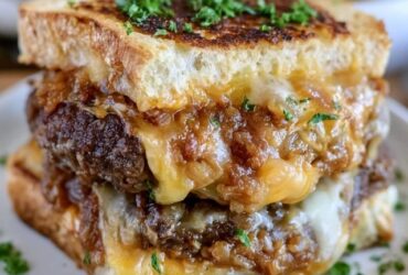 Grilled cheese burger sandwich cut in half, a juicy beef patty with melted cheese sandwiched between two golden buttery grilled cheese sandwiches, cheese pulling apart