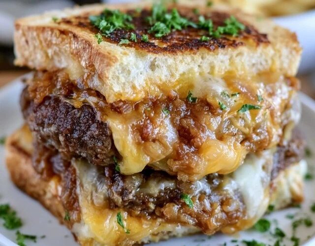 Grilled cheese burger sandwich cut in half, a juicy beef patty with melted cheese sandwiched between two golden buttery grilled cheese sandwiches, cheese pulling apart