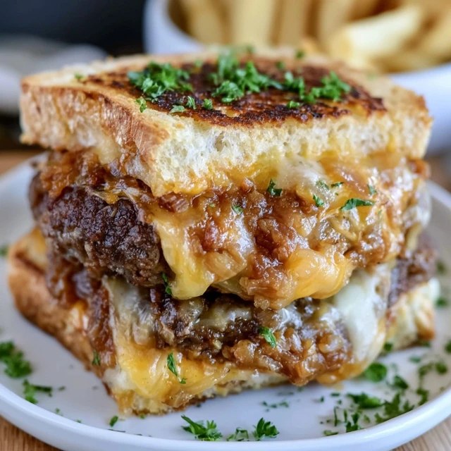 Grilled cheese burger sandwich cut in half, a juicy beef patty with melted cheese sandwiched between two golden buttery grilled cheese sandwiches, cheese pulling apart