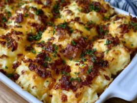 Cheesy bacon mashed potato casserole in a baking dish, creamy mashed potatoes topped with melted cheddar, crispy bacon and green onion, a scoop taken out showing the fluffy interior