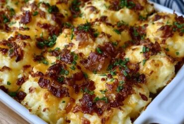 Cheesy bacon mashed potato casserole in a baking dish, creamy mashed potatoes topped with melted cheddar, crispy bacon and green onion, a scoop taken out showing the fluffy interior