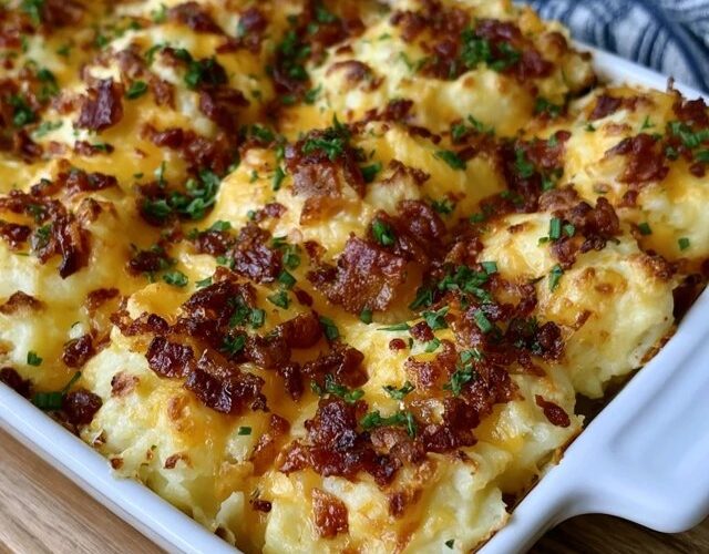 Cheesy bacon mashed potato casserole in a baking dish, creamy mashed potatoes topped with melted cheddar, crispy bacon and green onion, a scoop taken out showing the fluffy interior