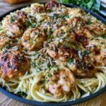 Garlic butter shrimp pasta in a skillet, plump pink shrimp over linguine coated in a glossy garlic butter sauce with parsley and a sprinkle of parmesan and lemon