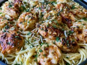 Garlic butter shrimp pasta in a skillet, plump pink shrimp over linguine coated in a glossy garlic butter sauce with parsley and a sprinkle of parmesan and lemon