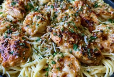 Garlic butter shrimp pasta in a skillet, plump pink shrimp over linguine coated in a glossy garlic butter sauce with parsley and a sprinkle of parmesan and lemon