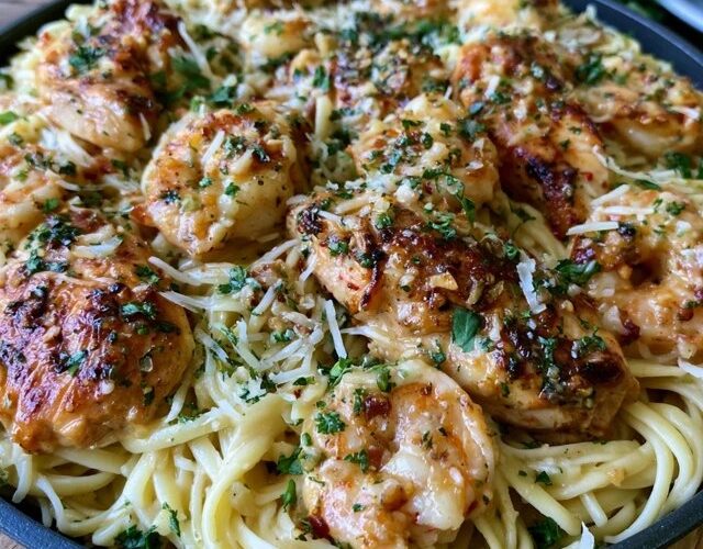 Garlic butter shrimp pasta in a skillet, plump pink shrimp over linguine coated in a glossy garlic butter sauce with parsley and a sprinkle of parmesan and lemon
