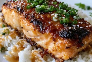 Teriyaki salmon with rice in a bowl, glossy glazed salmon fillet with caramelized edges over white rice with sesame seeds, sliced green onion and steamed broccoli