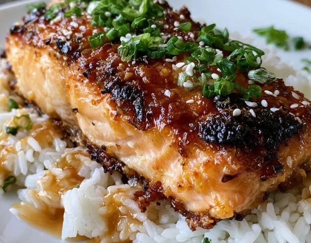 Teriyaki salmon with rice in a bowl, glossy glazed salmon fillet with caramelized edges over white rice with sesame seeds, sliced green onion and steamed broccoli