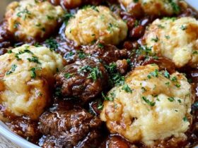 Beef stew with dumplings in a dutch oven, chunks of tender beef, carrots and potatoes in a rich brown gravy topped with golden fluffy dumplings, fresh thyme on top