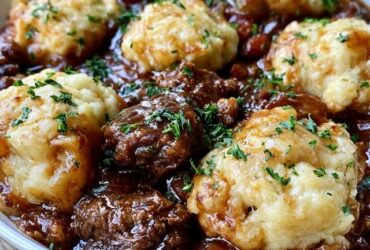 Beef stew with dumplings in a dutch oven, chunks of tender beef, carrots and potatoes in a rich brown gravy topped with golden fluffy dumplings, fresh thyme on top